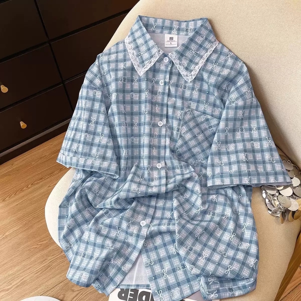 Blue Gingham Bow Lace Collar Shirt